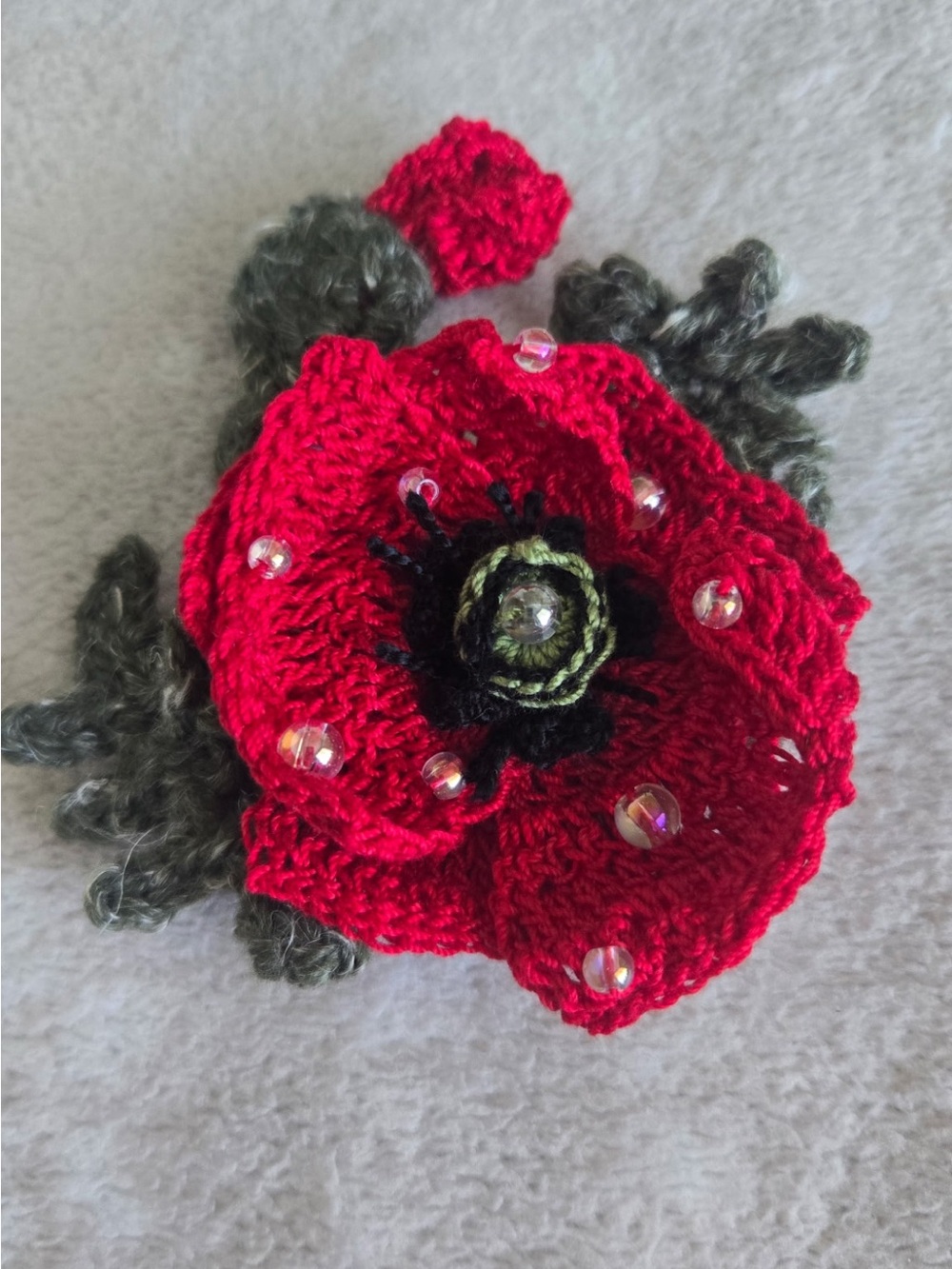 Handmade Red Crochet Poppy Brooch with Bead Accents